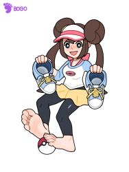 Rule 34 | 1girl, barefoot, blue eyes, blush, bogo, brown hair, creatures (company), double bun, feet, female focus, game freak, hair bun, highres, holding, holding shoes, leggings, long hair, looking at viewer, nintendo, open mouth, pokemon, pokemon bw2, rosa (pokemon), shoes, skirt, soles, solo, toes, twintails, unworn shoes, visor cap