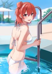Rule 34 | 1girl, :d, absurdres, bikini, blurry, blurry background, blush, breasts, brown eyes, commentary request, from behind, hair bun, highres, large breasts, looking at viewer, looking to the side, open mouth, partially submerged, pool, red hair, short hair, side-tie bikini bottom, single hair bun, single side bun, smile, solo, swimsuit, white bikini, yahari ore no seishun lovecome wa machigatteiru., yanagi marie, yuigahama yui