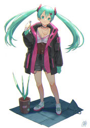 Rule 34 | 1girl, alternate costume, aqua eyes, aqua hair, aqua nails, arm at side, bad id, bad pixiv id, bare legs, black choker, black coat, blush, breasts, casual, choker, closed mouth, coat, collarbone, covered navel, earrings, fishnets, flower pot, full body, hair ornament, hairclip, hatsune miku, highres, holding, holding microphone, jewelry, long sleeves, looking at viewer, mashiro kta, microphone, nail polish, necklace, open clothes, open coat, plant, potted plant, shoes, simple background, small breasts, sneakers, solo, standing, stud earrings, twintails, vocaloid, white background, white footwear, zipper pull tab