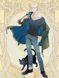 Rule 34 | 1boy, black cat, black footwear, black shirt, blue coat, blue eyes, candy, cat, coat, dairoku ryouhei, denim, earrings, food, fur trim, green coat, grey pants, hair over one eye, highres, holding, holding candy, holding food, jeans, jewelry, kashino yuki, light brown hair, male focus, multicolored coat, osimaru, pants, shirt, short hair, solo, standing, thumb in pocket, tongue, tongue out, torn clothes, torn pants, two-tone coat, yellow background