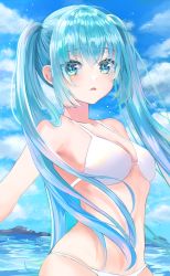 Rule 34 | 1girl, absurdres, aqua eyes, aqua hair, bad id, bad pixiv id, bikini, blue sky, breasts, cleavage, cloud, collarbone, dasha, day, hatsune miku, highres, long hair, mountainous horizon, ocean, outdoors, parted lips, sidelocks, sky, small breasts, solo, summer, swimsuit, twintails, upper body, vocaloid, water, white bikini