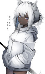 Rule 34 | 1girl, absurdres, animal ears, arknights, black thighhighs, blue eyes, blush, commentary, cowboy shot, dark-skinned female, dark skin, hands in pockets, highres, holding, hood, hood down, horse ears, horse girl, horse tail, jacket, medium hair, parted lips, ponytail, simple background, single thighhigh, solo, tab head, tail, thighhighs, translation request, tuye (arknights), white background, white hair, white jacket