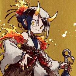 Rule 34 | 1other, androgynous, armpits, bare shoulders, black hair, closed mouth, club, club (weapon), commentary request, cowboy shot, dated commentary, detached sleeves, fangs, fingernails, fire, fur (clothing), hair bun, hand on own hip, holding, holding ema, holding weapon, horns, japanese clothes, kanabou, looking at viewer, oni, oni horns, original, pointy ears, rakuni, red rope, rope, sanpaku, sarashi, sharp fingernails, sidelocks, single hair bun, skin fangs, slit pupils, smile, solo, weapon, wide sleeves, yellow background, yellow eyes, yellow horns