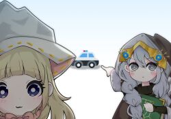 Rule 34 | 2girls, :3, absurdres, asteria of the white woods, blue eyes, book, braid, car, duel monster, grey eyes, grey hair, hat, highres, holding, holding book, hood, meme, motor vehicle, multiple girls, pointing, police car, risette of the white woods, shiro pawn, twin braids, white background, witch hat, yu-gi-oh!
