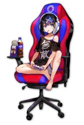 Rule 34 | 1girl, :3, barefoot, black hair, black shirt, blouse, blue eyes, blue hair, blue nails, candy, chair, controller, drink, feet, feet on chair, food, food in mouth, fuzichoco, game cg, gaming chair, hair ornament, hairpin, headphones, himekawa hibiki, looking at viewer, mahjong soul, multicolored hair, nail polish, off shoulder, office chair, official art, plastic bottle, pocky, pocky in mouth, shirt, simple background, sitting, soda bottle, swivel chair, transparent background, yostar