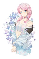 Rule 34 | 1girl, arknights, bare shoulders, blue eyes, blue flower, blue poison (arknights), blue poison (shoal beat) (arknights), blue shorts, braid, breasts, camisole, cleavage, commentary request, crop top, earrings, ershuihe, flower, hairband, highres, jacket, jewelry, long hair, long sleeves, midriff, off shoulder, official alternate costume, open clothes, open jacket, pink hair, shorts, simple background, small breasts, solo, sports bra, twin braids, white background