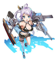 Rule 34 | 1girl, ahoge, azur lane, bare shoulders, bikini, blue eyes, blush, breasts, cannon, cleavage, heart, heart-shaped pupils, heart ahoge, highres, large breasts, long hair, looking at viewer, machinery, mid-stride, miniskirt, noboriya, off shoulder, one side up, open mouth, pleated skirt, portland (azur lane), rigging, rudder footwear, running, side ponytail, sidelocks, silver hair, single thighhigh, skirt, smile, sparkle, star (symbol), star print, swimsuit, symbol-shaped pupils, thighhighs, thighs, very long hair, water drop, white thighhighs