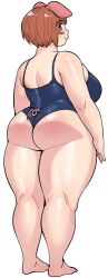 Rule 34 | 1girl, animal ears, ass, bare back, bare shoulders, barefoot, belly, blue one-piece swimsuit, breasts, brown hair, elf-san wa yaserarenai., from behind, full body, highres, huge breasts, kneepits, looking at viewer, looking back, oku (elf-san wa yaserarenai.), one-piece swimsuit, original, pig ears, pig tail, plump, red eyes, short hair, simple background, smile, solo, standing, swimsuit, synecdoche, tail, thick thighs, thighs, white background