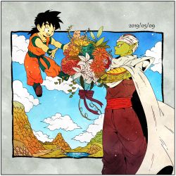 Rule 34 | 2019, 2boys, :d, black eyes, black hair, blue footwear, blue sky, boots, border, bouquet, breasts, cape, child, cloud, cloudy sky, dated, day, dot nose, dougi, dragon ball, dragonball z, floating, flower, frown, giving, grass, green flower, grey border, highres, lake, leaf, medium breasts, messy hair, mountain, multiple boys, nature, open mouth, orange flower, outdoors, outside border, outstretched arms, path, piccolo, pink flower, pink rose, pointy ears, profile, purple ribbon, red flower, red rose, ribbon, road, rose, serious, sky, smile, son gohan, standing, teeth, toritoki (trig tkdb), turban, upper teeth only, water, white cape, white flower, white rose, wristband