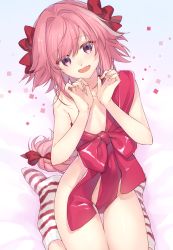 Rule 34 | 1boy, astolfo (fate), blush, braid, fate/apocrypha, fate/grand order, fate (series), hair intakes, highres, kan&#039;yu (citron 82), long hair, looking at viewer, male focus, naked ribbon, navel, open mouth, pink hair, revision, ribbon, smile, solo, trap, unwrap me body bow