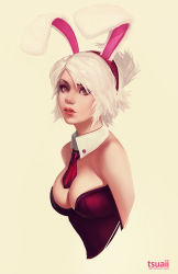 Rule 34 | 1girl, animal ears, bare shoulders, battle bunny riven, breasts, brown eyes, cropped arms, detached collar, fake animal ears, folded ponytail, league of legends, leotard, lips, lipstick, makeup, necktie, nose, official alternate costume, playboy bunny, rabbit ears, red necktie, revision, riven (league of legends), short hair, short necktie, solo, tsuaii, white background, white hair