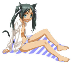 Rule 34 | 00s, 1girl, animal ears, barefoot, feet, flat chest, francesca lucchini, green eyes, green hair, long legs, lowleg, lowleg panties, matching hair/eyes, navel, no bra, open clothes, open shirt, panties, shirt, sitting, solo, strike witches, striped clothes, striped panties, tail, twintails, umekichi, underwear, world witches series