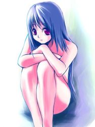 Rule 34 | 1girl, blue background, blue hair, expressionless, knees to chest, kula diamond, long hair, looking at viewer, nude, red eyes, sitting, snk, solo, the king of fighters