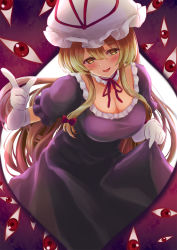 Rule 34 | 1girl, backlighting, blonde hair, blush, bow, breasts, choker, cleavage, clothes lift, cowboy shot, dress, dress lift, elbow gloves, frilled choker, frilled sleeves, frills, gap (touhou), gloves, gradient background, hair between eyes, hair bow, hat, hat ribbon, highres, large breasts, long hair, looking at viewer, mob cap, open mouth, pink background, pointing, puffy short sleeves, puffy sleeves, purple background, purple dress, red eyes, red ribbon, ribbon, ribbon choker, short sleeves, sidelocks, smile, solo, totolarc, touhou, two-tone background, very long hair, white background, white gloves, white hat, yakumo yukari, yellow eyes