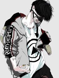 Rule 34 | 1boy, absurdres, bandaid, black hair, blood, blood on clothes, cowboy shot, earrings, grey background, hair over eyes, highres, jacket, jewelry, looking at viewer, marinachan, muzzle, nail polish, open clothes, open jacket, original, shirt, short hair, solo, sweater, t-shirt, tattoo, white shirt