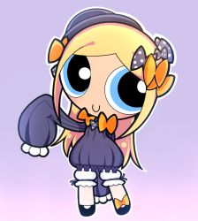 Rule 34 | 1girl, abigail williams (fate), abigail williams (fate) (cosplay), black bow, black dress, black footwear, black hat, blonde hair, bloomers, blue eyes, bmo (zero1017), bow, bubbles (ppg), bug, butterfly, c:, closed mouth, commentary request, cosplay, dress, fate/grand order, fate (series), full body, hair bow, hat, insect, long hair, long sleeves, looking at viewer, orange bow, parted bangs, polka dot, polka dot bow, powerpuff girls, purple background, shoes, sidelocks, simple background, sleeves past wrists, smile, solo, standing, toon (style), underwear, very long hair, white bloomers