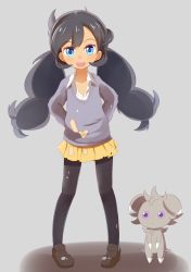 Rule 34 | 10s, 1girl, arms behind back, bad id, bad pixiv id, black hair, blue eyes, creatures (company), cupen, emma (pokemon), espurr, game freak, gen 6 pokemon, highres, long hair, nintendo, pantyhose, patch, pokemon, pokemon (creature), pokemon xy, purple eyes, shirt, skirt, smile, sweater, torn clothes, twintails
