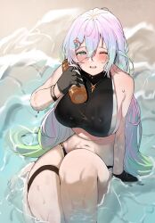 Rule 34 | bare shoulders, beach, bikini, black bikini bottom, breasts, cupitan (granblue fantasy), cupitan (summer) (granblue fantasy), curvy, gloves, granblue fantasy, highres, large breasts, long hair, looking at viewer, one eye closed, see-through, sexually suggestive, sideboob, sitting, stomach, swimsuit, thick thighs, thigh strap, thighs, thousa 01, twintails, wet, white hair
