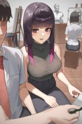Rule 34 | 1boy, 1other, 2girls, anteiru, black hair, blurry, blurry background, blush, breasts, brown eyes, canvas (object), classroom, easel, gradient hair, highres, large breasts, long hair, looking at viewer, mature female, mole, mole under eye, multicolored hair, multiple girls, necktie, original, pencil, purple hair, red necktie, sculpture, short sleeves, sleeveless, teacher and student, turtleneck, wooden floor