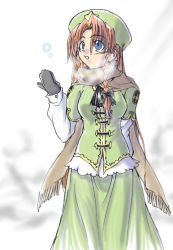 Rule 34 | 1girl, arm behind back, blue eyes, bow, braid, breath, china dress, chinese clothes, dress, female focus, hair bow, hat, hong meiling, long hair, mittens, red hair, scarf, snow, solo, star (symbol), tajima yuuki, embodiment of scarlet devil, touhou, twin braids, winter clothes
