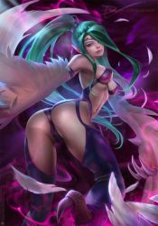 Rule 34 | 1girl, animal feet, aqua hair, ass, bird legs, breasts, cameltoe, circlet, cleavage, demonlorddante, duel monster, feathers, hair over one eye, harpie queen, harpy, highres, long hair, medium breasts, monster girl, navel, pointy ears, ponytail, purple background, purple eyes, realistic, solo, thighhighs, underboob, very long hair, winged arms, wings, yu-gi-oh!