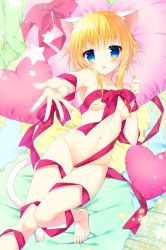 Rule 34 | 1girl, animal ears, bad id, bad pixiv id, barefoot, bed sheet, blonde hair, blue eyes, blush, bow, breasts, cat ears, cat tail, collarbone, foreshortening, full body, heart, heart-shaped pillow, highres, looking at viewer, lying, md5 mismatch, minatsuki alumi, naked ribbon, navel, nude, on back, original, outstretched arm, parted lips, pillow, reaching, reaching towards viewer, red bow, red ribbon, ribbon, short hair, small breasts, solo, star (symbol), tail, tareme