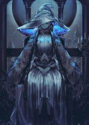 Rule 34 | 1girl, absurdres, blue eyes, candle, candlestand, cape, cloak, colored skin, dress, echanis enicha, elden ring, extra arms, feet out of frame, fur cape, fur cloak, grey dress, grey hair, grey skin, hat, highres, looking at viewer, moon, one eye covered, own hands clasped, own hands together, ranni the witch, short hair, sitting, smile, solo, witch hat