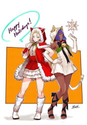 Rule 34 | 2girls, animal hood, antenna hair, aqua eyes, bangle, bell, blonde hair, blue eyes, blunt bangs, bob cut, bracelet, breasts, cammy white, capelet, cat hood, cat tail, christmas, dark-skinned female, dark skin, dress, elbow gloves, facial scar, fake tail, full body, gloves, hand on own hip, happy holidays, highres, hood, hooded capelet, jewelry, jingle bell, kujou non, leg warmers, locked arms, looking at viewer, menat, multicolored clothes, multicolored dress, multiple girls, official alternate costume, orb, purple hair, red capelet, red dress, red gloves, red hood, sandals, scar, scar on cheek, scar on face, short hair, small breasts, standing, street fighter, street fighter v, tail, white dress, white footwear, white gloves, white hood