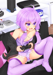 Rule 34 | 1girl, :d, ahoge, animal hood, bare shoulders, black hoodie, blush, bow, breasts, bright pupils, card, cleavage, collarbone, controller, couch, criss-cross halter, daichi (tokoya), dress, dualshock, game console, game controller, gamecube, gamepad, gluteal fold, halterneck, highres, hood, hoodie, indoors, lips, long sleeves, mario (series), nintendo, nintendo 64, no shoes, off shoulder, on couch, open clothes, open hoodie, open mouth, panties, pantyshot, pillow, pink dress, pink hair, pink panties, pink thighhighs, playing card, playstation 3, playstation 4, playstation controller, purple bow, purple eyes, rabbit hood, shelf, shiny skin, short dress, short hair with long locks, sidelocks, sitting, small breasts, smile, solo, spread legs, super famicom, super famicom gamepad, super mario 64, sweat, thighhighs, tsurime, underwear, v-shaped eyebrows, vocaloid, voiceroid, wii, wooden floor, yuzuki yukari