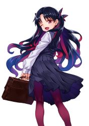 Rule 34 | 1girl, bag, black hair, bow, dress, fate/grand order, fate (series), hair bow, highres, ishtar (fate), long hair, matsuryuu, multicolored hair, one eye closed, pantyhose, pinafore dress, pleated skirt, red eyes, red hair, school bag, school uniform, skirt, sleeveless dress, solo, space ishtar (fate), two-tone hair, white background