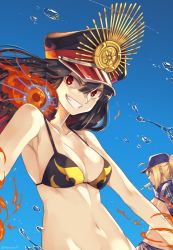 Rule 34 | 2girls, armpits, artoria pendragon (fate), bare arms, bare shoulders, baseball cap, bikini, black bikini, black hair, black headwear, blonde hair, blue eyes, blue headwear, blue jacket, blue sky, breasts, butt crack, cleavage, collarbone, commentary request, contrail, fate/grand order, fate (series), fire, floating hair, food, food in mouth, fumato, grin, groin, hair between eyes, hair through headwear, hat, highres, jacket, long hair, looking at another, looking at viewer, medium breasts, mouth hold, multiple girls, mysterious heroine x (fate), navel, oda nobunaga (fate), oda nobunaga (koha-ace), oda nobunaga (swimsuit berserker) (fate), oda nobunaga (swimsuit berserker) (second ascension) (fate), peaked cap, ponytail, popsicle, red eyes, sidelocks, sky, smile, stomach, swimsuit, twitter username, v-shaped eyebrows, water drop, yellow bikini