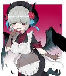 Rule 34 | 1girl, animal feet, apron, black eyes, black wings, blue ribbon, breasts, commentary request, feathered wings, feathers, finger to mouth, flower, gradient background, grey hair, hair flower, hair ornament, harpy, highres, large breasts, maid, maid apron, maid headdress, mole, mole under mouth, monster girl, open mouth, original, red background, red flower, ribbon, sakutake (ue3sayu), solo, standing, standing on one leg, white background, wings