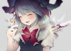 Rule 34 | 1girl, animal, animal on hand, blouse, blue hair, blue ribbon, bow, bug, butterfly, butterfly on hand, chromatic aberration, cirno, closed eyes, dress shirt, frozen, glowing butterfly, grey background, hair bow, highres, ice, ice wings, insect, puffy sleeves, red bow, red ribbon, ribbon, shiori (moechin), shirt, short hair, smile, touhou, white shirt, wing collar, wings