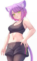 Rule 34 | 1girl, absurdres, animal ear fluff, animal ears, aoi zerii, bare shoulders, black camisole, black pantyhose, black shorts, blush, breasts, camisole, cat ears, cat girl, cat tail, crop top, gradient hair, green eyes, hair ornament, highres, hololive, looking at viewer, medium breasts, midriff, multicolored hair, navel, pantyhose, pink hair, purple hair, short hair, shorts, solo, tail, tokoyami towa, virtual youtuber, x hair ornament