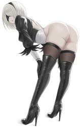Rule 34 | 1girl, 2b (nier:automata), ass, back cutout, bad id, bad pixiv id, bent over, black blindfold, black footwear, black hairband, black thighhighs, blindfold, boots, breasts, clothing cutout, covered eyes, feather-trimmed sleeves, feather trim, hairband, heattech leotard, high heel boots, high heels, highres, juliet sleeves, kurone rinka, leotard, long sleeves, medium breasts, mole, mole under mouth, nier:automata, nier (series), puffy sleeves, solo, thigh boots, thighhighs, thighhighs under boots, thong leotard, turtleneck, white background, white hair, white leotard