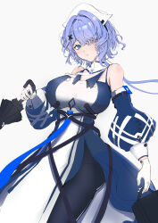 Rule 34 | 1girl, absurdres, arknights, bag, bare shoulders, black umbrella, blue dress, blue eyes, blue hair, blue pantyhose, breasts, commentary request, detached sleeves, dress, fff (dmdn2453), gloves, hair intakes, hair over one eye, hat, heterochromia, highres, holding, holding bag, holding umbrella, large breasts, long sleeves, nurse cap, pantyhose, puffy long sleeves, puffy sleeves, simple background, solo, umbrella, upper body, wavy hair, whisperain (arknights), white background, white gloves, yellow eyes