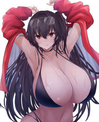 Rule 34 | 1girl, armpits, arms up, azur lane, bikini, black bikini, black choker, black hair, breasts, choker, cleavage, collarbone, eyewear on head, glasses, glasses on head, hair between eyes, halterneck, highres, huge breasts, jacket, jacket partially removed, long hair, looking at viewer, navel, official alternate costume, open clothes, open jacket, red eyes, red jacket, shiny skin, side ponytail, simple background, smile, solo, standing, sweat, sweatdrop, swimsuit, taihou (azur lane), taihou (enraptured companion) (azur lane), white background, yuuki shuri