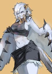 Rule 34 | 1girl, absurdres, barioth, black shorts, blue eyes, breasts, claws, cleavage, closed mouth, cropped legs, furry, furry female, highres, horns, large breasts, looking at viewer, miao jiangyou, midriff, monster girl, monster hunter (series), navel, personification, pulling, short hair, shorts, sideboob, sleeveless, slit pupils, solo, spikes, standing, tail, tusks, white fur, white hair, wings
