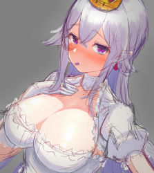 Rule 34 | 1girl, :p, blush, breasts, choker, cleavage, closed eyes, colored tongue, commentary request, dress, earrings, embarrassed, gloves, grey background, grey hair, hair between eyes, hand on own chest, heart, heart earrings, highres, jewelry, large breasts, long hair, looking at viewer, luigi&#039;s mansion, mario (series), new super mario bros. u deluxe, nintendo, nose blush, pointy ears, princess king boo, puffy short sleeves, puffy sleeves, purple eyes, purple tongue, short sleeves, simple background, solo, super crown, tongue, tongue out, upper body, white choker, white dress, white gloves, yonkumi (gatling033)