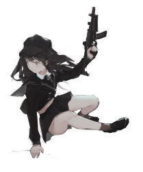 Rule 34 | 1girl, absurdres, black footwear, black headwear, black sailor collar, black serafuku, black shirt, black skirt, brown eyes, brown hair, brown socks, closed mouth, commentary, english commentary, expressionless, full body, gun, highres, holding, holding gun, holding weapon, jumping, long hair, long sleeves, looking back, midair, midriff peek, original, sailor collar, school uniform, serafuku, shirt, simple background, skirt, socks, solo, weapon, weapon request, white background, zygocactus