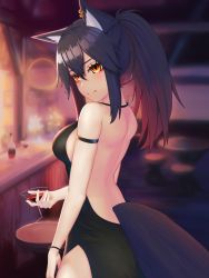 Rule 34 | 1girl, absurd fox, absurdres, alternate costume, animal ear fluff, animal ears, arknights, arm strap, backless dress, backless outfit, backlighting, bar (place), black dress, black hair, blush, bracelet, breasts, closed mouth, cowboy shot, cup, dress, drink, drinking glass, ear piercing, from side, gradient hair, highres, holding, holding cup, indoors, jewelry, looking at viewer, looking to the side, medium breasts, multicolored hair, orange eyes, piercing, red hair, sideboob, sidelocks, skindentation, smile, solo, tail, texas (arknights), wolf ears, wolf girl, wolf tail