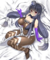 Rule 34 | 1girl, agnes (sennen sensou aigis), arm support, black hair, blunt bangs, blush, breasts, brown footwear, cleavage, closed mouth, elbow gloves, full body, gloves, high heels, large breasts, loincloth, long hair, looking at viewer, low-tied long hair, low twintails, noeomi, purple gloves, red eyes, sennen sensou aigis, shoes, sitting, skin tight, skull, smile, solo, spandex, twintails, unitard, veil, very long hair