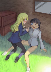 Rule 34 | 00s, 2girls, bad id, bad pixiv id, blonde hair, blush, closed eyes, eyepatch, glasses, grass, laughing, legs, multiple girls, niina ryou, no pants, one-piece swimsuit, open mouth, pantyhose, perrine h. clostermann, ponytail, sakamoto mio, school swimsuit, smile, strike witches, swimsuit, swimsuit under clothes, uniform, world witches series, yellow eyes