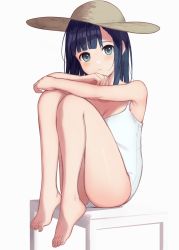 Rule 34 | 1girl, akira tooru, aqua eyes, ass, bare arms, bare legs, bare shoulders, barefoot, blue hair, blunt bangs, blush, breasts, cleavage, closed mouth, crossed arms, feet, full body, hat, highleg, highleg swimsuit, highres, legs together, long hair, looking at viewer, medium breasts, one-piece swimsuit, original, simple background, sitting, solo, straw hat, sun hat, swimsuit, toes, white background, white one-piece swimsuit