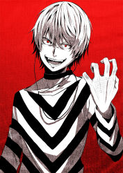 Rule 34 | 1boy, :d, accelerator (toaru majutsu no index), attsun (atsushi jb), choker, earphones, hair between eyes, hand up, limited palette, long sleeves, looking at viewer, male focus, open mouth, red background, red eyes, sanpaku, shirt, smile, solo, striped clothes, striped shirt, toaru majutsu no index, v-shaped eyebrows