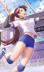 Rule 34 | 1girl, absurdres, blue shorts, breasts, brown hair, crazy ones, green eyes, gym uniform, highres, jumping, long hair, medium breasts, midriff peek, navel, official art, ponytail, red hair, shirt, shoes, shorts, sneakers, solo, su xiaoye, t-shirt, white shirt