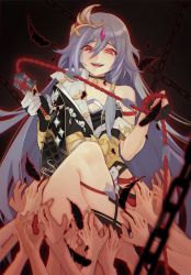 Rule 34 | 1girl, absurdres, bare shoulders, black background, black hair, chain, feathers, fu hua, fu hua (herrscher of sentience), hair between eyes, hair ornament, highres, holding, holding weapon, honkai (series), honkai impact 3rd, legs, long hair, long sleeves, looking at viewer, open mouth, red eyes, teeth, thighs, tutou jiang, weapon, whip