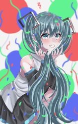 Rule 34 | 1girl, aqua eyes, aqua hair, artist request, detached sleeves, hatsune miku, highres, holding, holding hair, long hair, looking at viewer, smile, solo, twintails, vocaloid