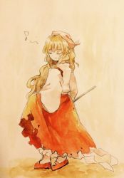 Rule 34 | 1girl, blonde hair, detached sleeves, closed eyes, gohei, happy, holding, holding clothes, holding skirt, hourai girl (touhou), japanese clothes, kaigen 1025, kimono, long hair, long sleeves, mary janes, musical note, portrait of exotic girls, red footwear, red skirt, shoes, skirt, smile, standing, touhou, traditional media, wavy hair, white headwear, white kimono, white legwear, wide sleeves