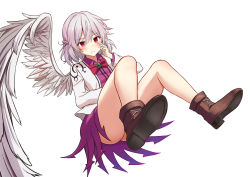 Rule 34 | 1girl, absurdres, bare legs, blush, boots, bow, bowtie, braid, closed mouth, collared dress, dress, expressionless, feathered wings, french braid, full body, hair between eyes, hand on own face, highres, jacket, kishin sagume, knees, knees up, legs, light blush, looking at viewer, medium hair, no panties, open clothes, open jacket, purple dress, red eyes, shoes, silver hair, simple background, single wing, solo, spread legs, thighs, touhou, upskirt, white background, white jacket, white wings, wings, yamajun (junyamaekaki)